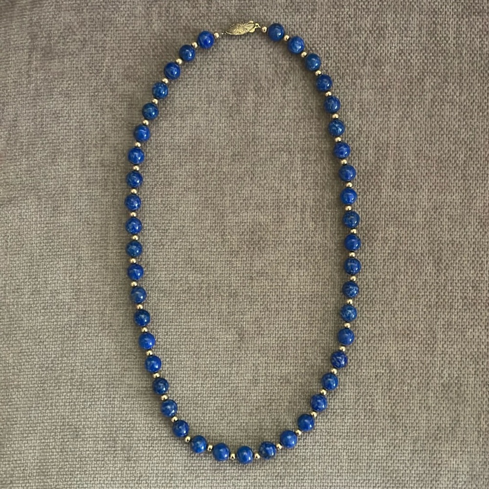 Lapis and 14k gold bead necklace, clasp gold plated. 21 inches long